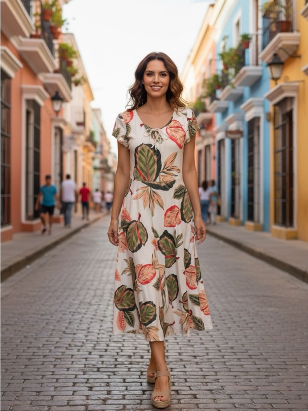 Chaps Womens Tropical Leaf Print Midi Dress Cream Summer Beach  Medium